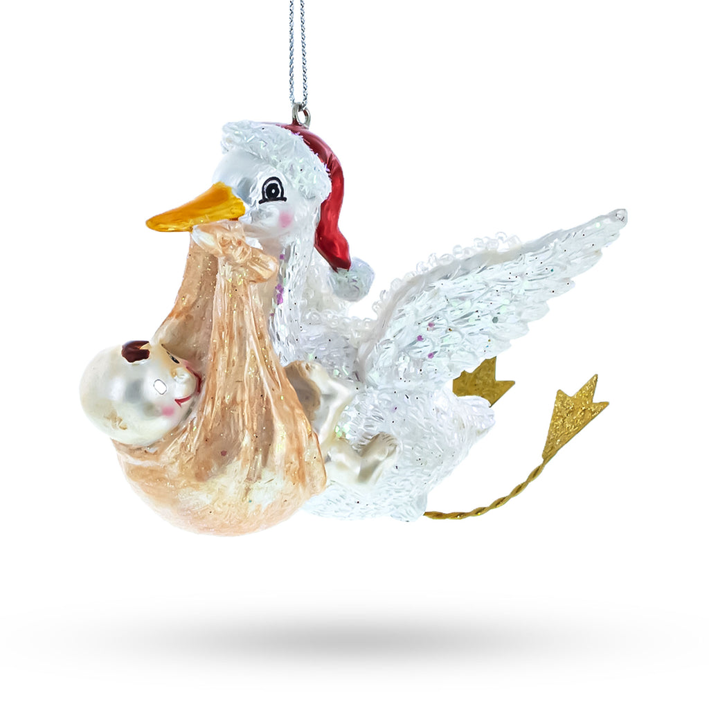 Glass Charming Stork Carrying Baby - Blown Glass Christmas Ornament in White color