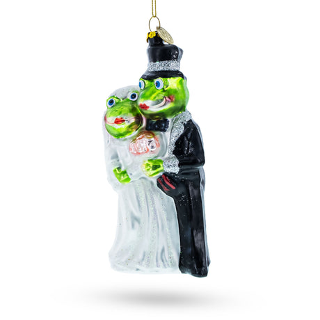 Enchanting Frog Bride and Groom - Blown Glass Christmas Ornament in Multi color,  shape