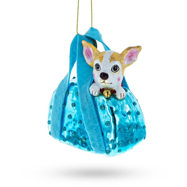 Glass Chic Chihuahua Inside Designer Handbag - Blown Glass Christmas Ornament in Blue color