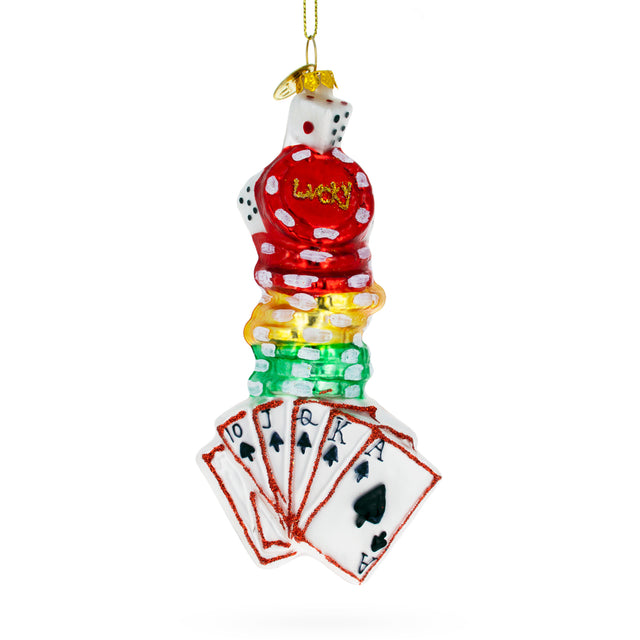 High-Stakes Holiday: Casino Poker Chips and Cards - Blown Glass Christmas Ornament in Multi color,  shape