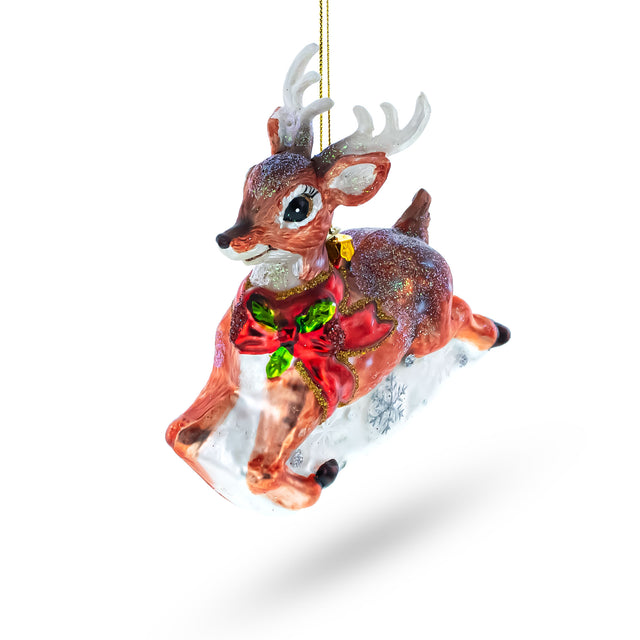 Glass Graceful Stride: Baby Deer Running - Blown Glass Christmas Ornament in Multi color
