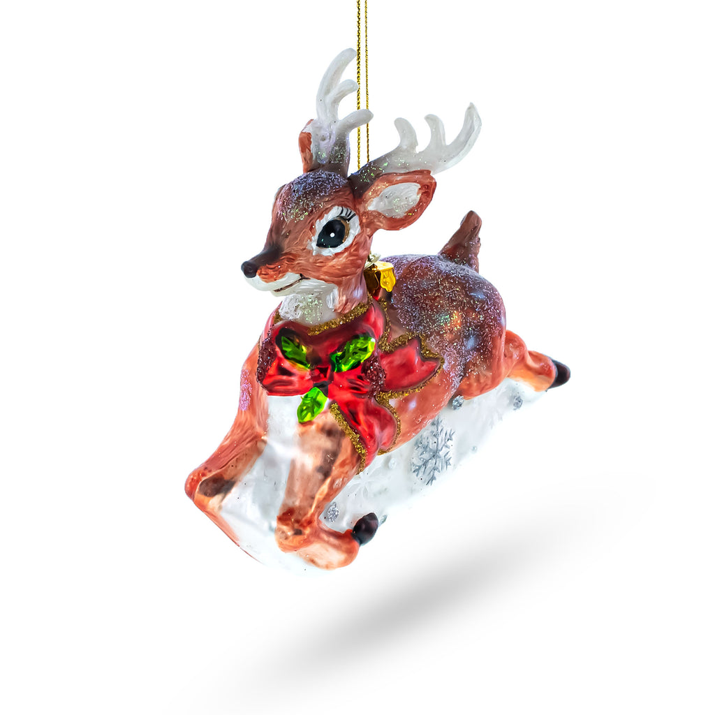 Baby Deer Running Glass Christmas Ornament in Brown color Figurine