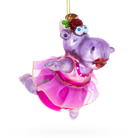 Glass Enchanted Hippo Ballerina - Blown Glass Christmas Ornament in Pink color