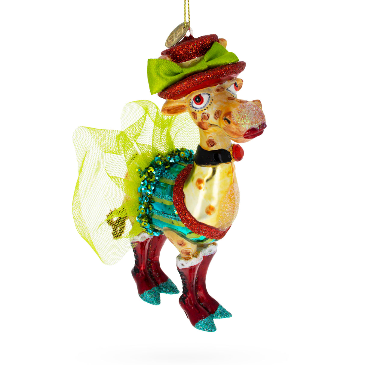 Glass Charming Giraffe in Costume - Blown Glass Christmas Ornament in Multi color