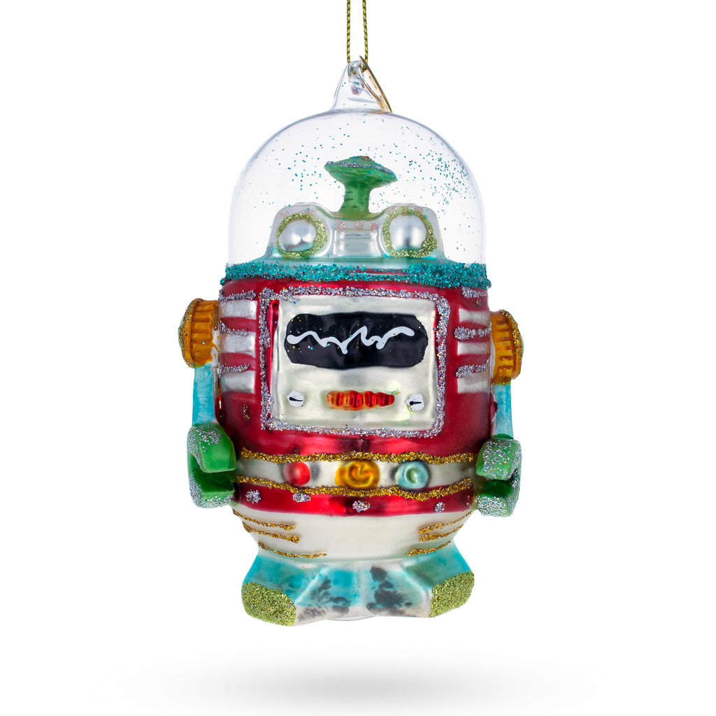 Shimmering Glittered Robot - Blown Glass Christmas Ornament in Multi color,  shape