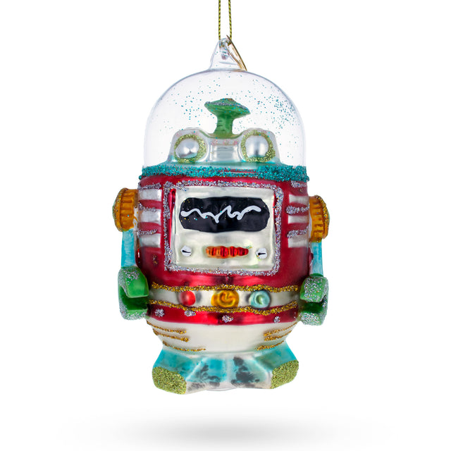Glass Shimmering Glittered Robot - Blown Glass Christmas Ornament in Multi color