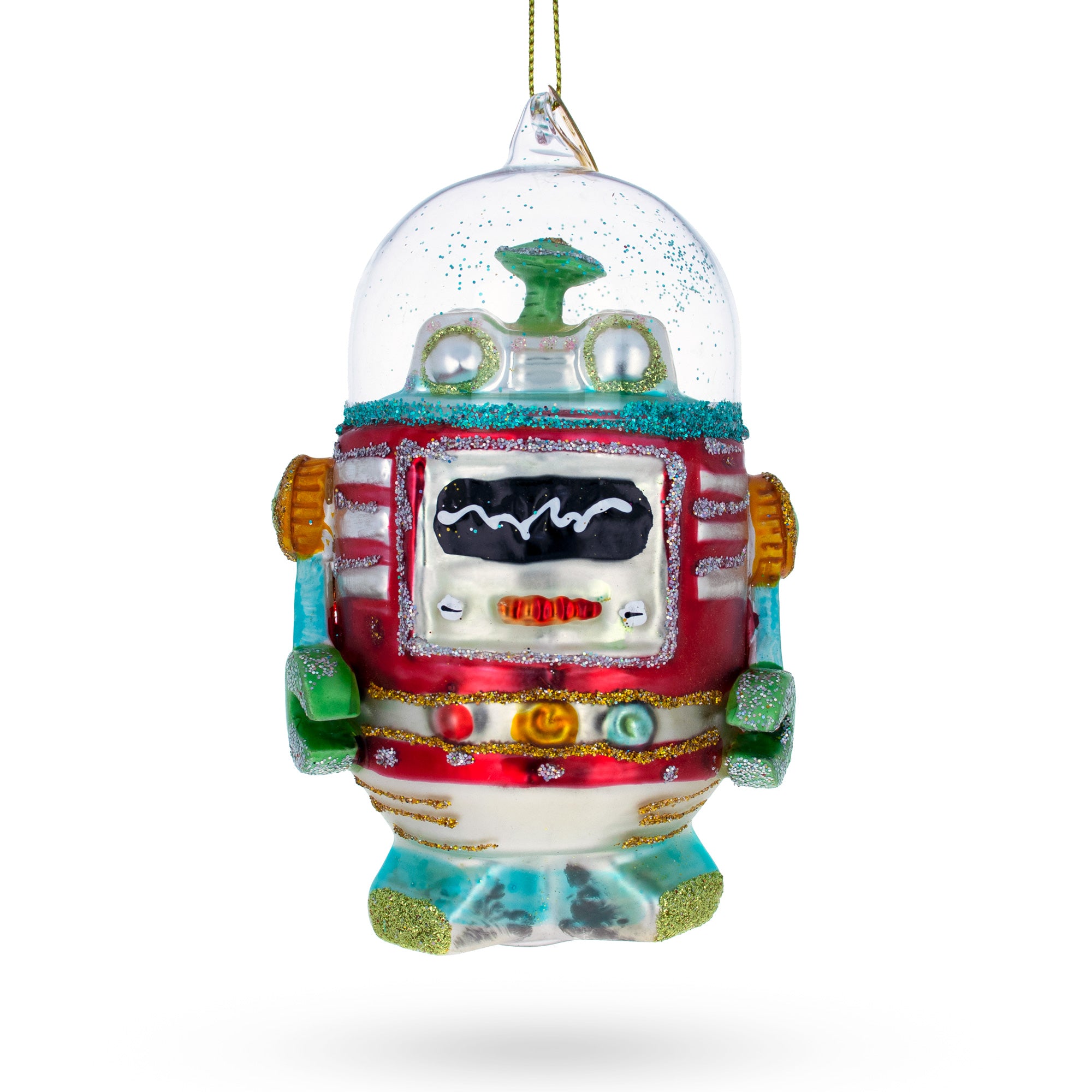 Glittered Robot Blown Glass Christmas Ornament in Multi color Figurine