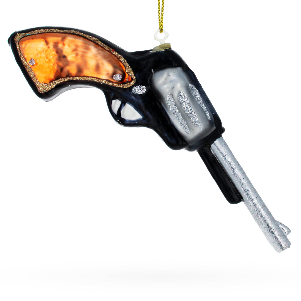Sleek Revolver Handgun - Blown Glass Christmas Ornament in Multi color,  shape