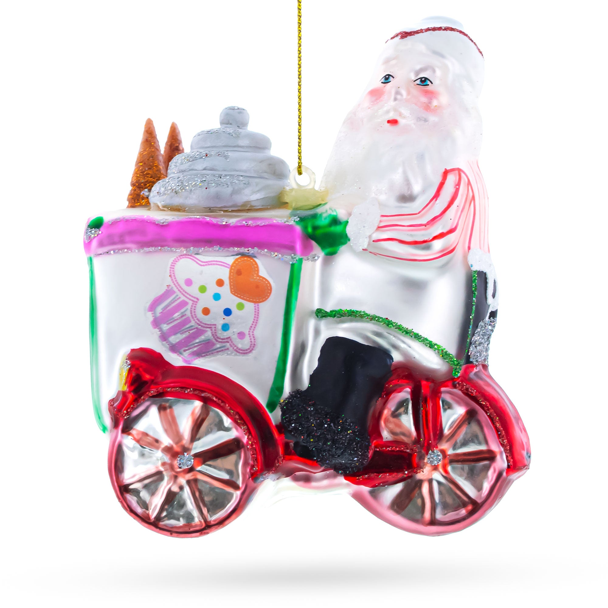 Santa the Ice Cream Cart Glass Christmas Ornament in Multi color Figurine