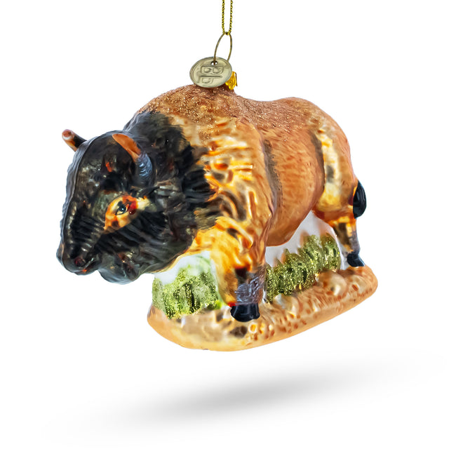 Glass Wild Frontier: Majestic Bison - Blown Glass Christmas Ornament in Brown color