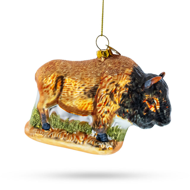 Majestic Bison Blown Glass Christmas Ornament in Brown color
