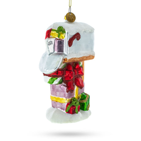 Mailbox with Letters and Gifts Glass Christmas Ornament in White color