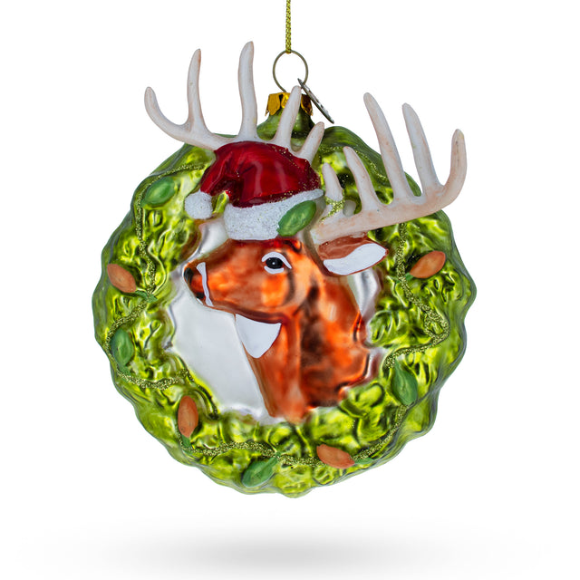 Festive Reindeer Wreath - Blown Glass Christmas Ornament in Multi color,  shape