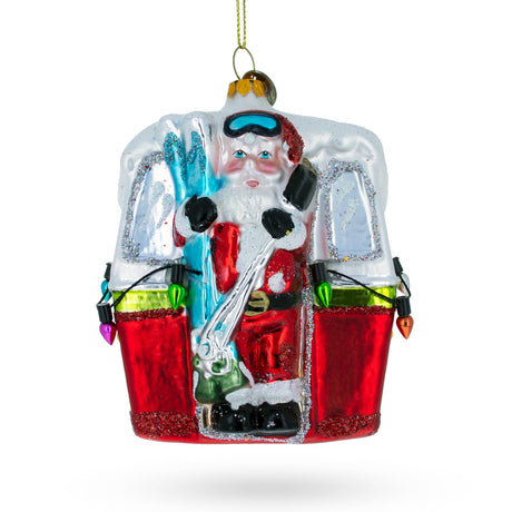 Glass Adventurous Santa on Gondola with Skis - Blown Glass Christmas Ornament in Multi color