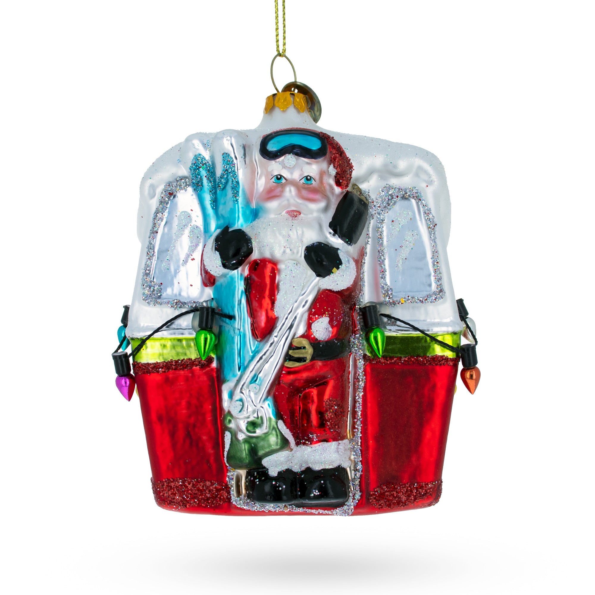 Santa with Skis in Gondola Glass Christmas Ornament in Multi color Figurine