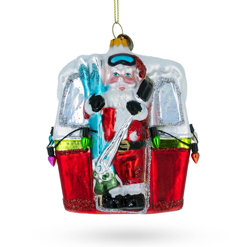 Adventurous Santa on Gondola with Skis Blown Glass Christmas Ornament in Multi color