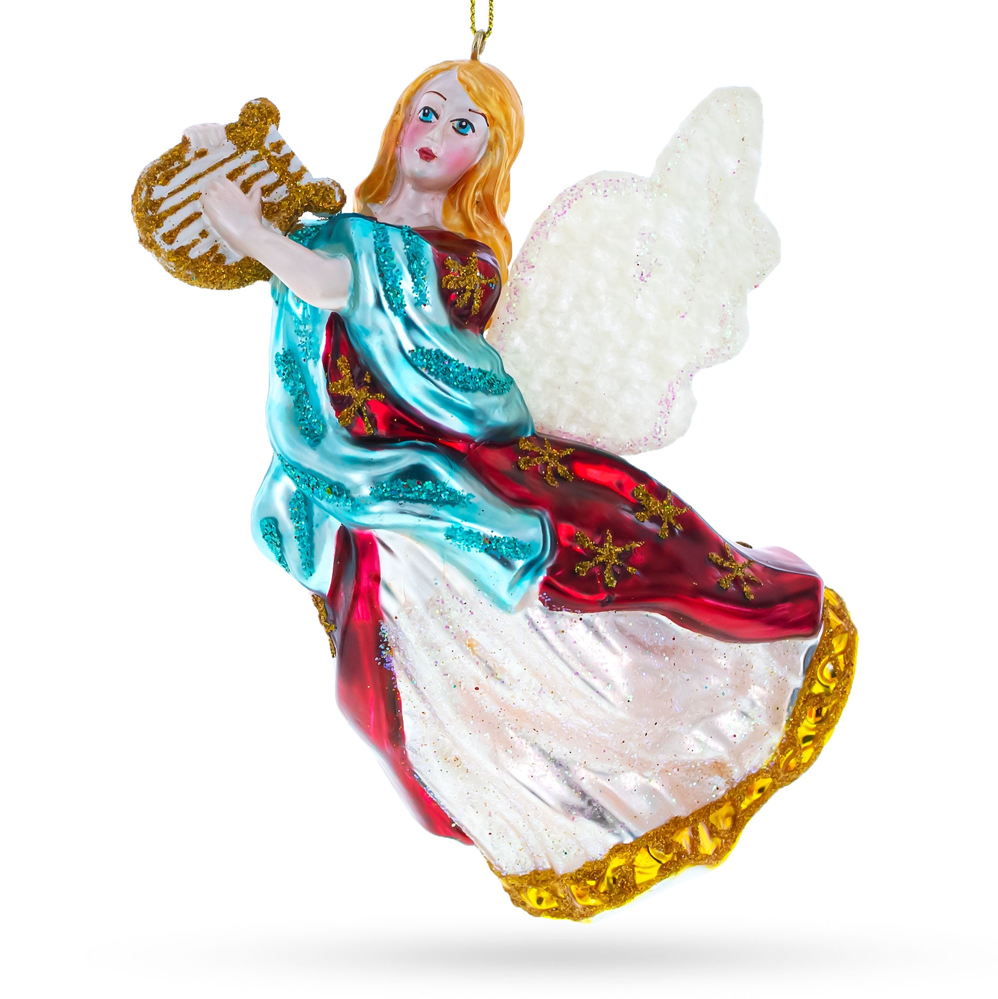 Angel Playing Music on Harp Blown Glass Christmas Ornament in Multi color Figurine