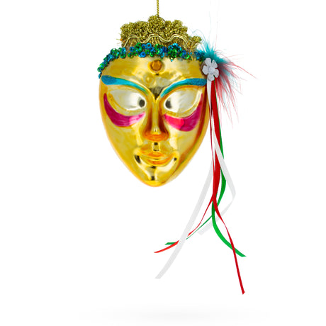 Celebratory Mask Blown Glass Christmas Ornament in Yellow color