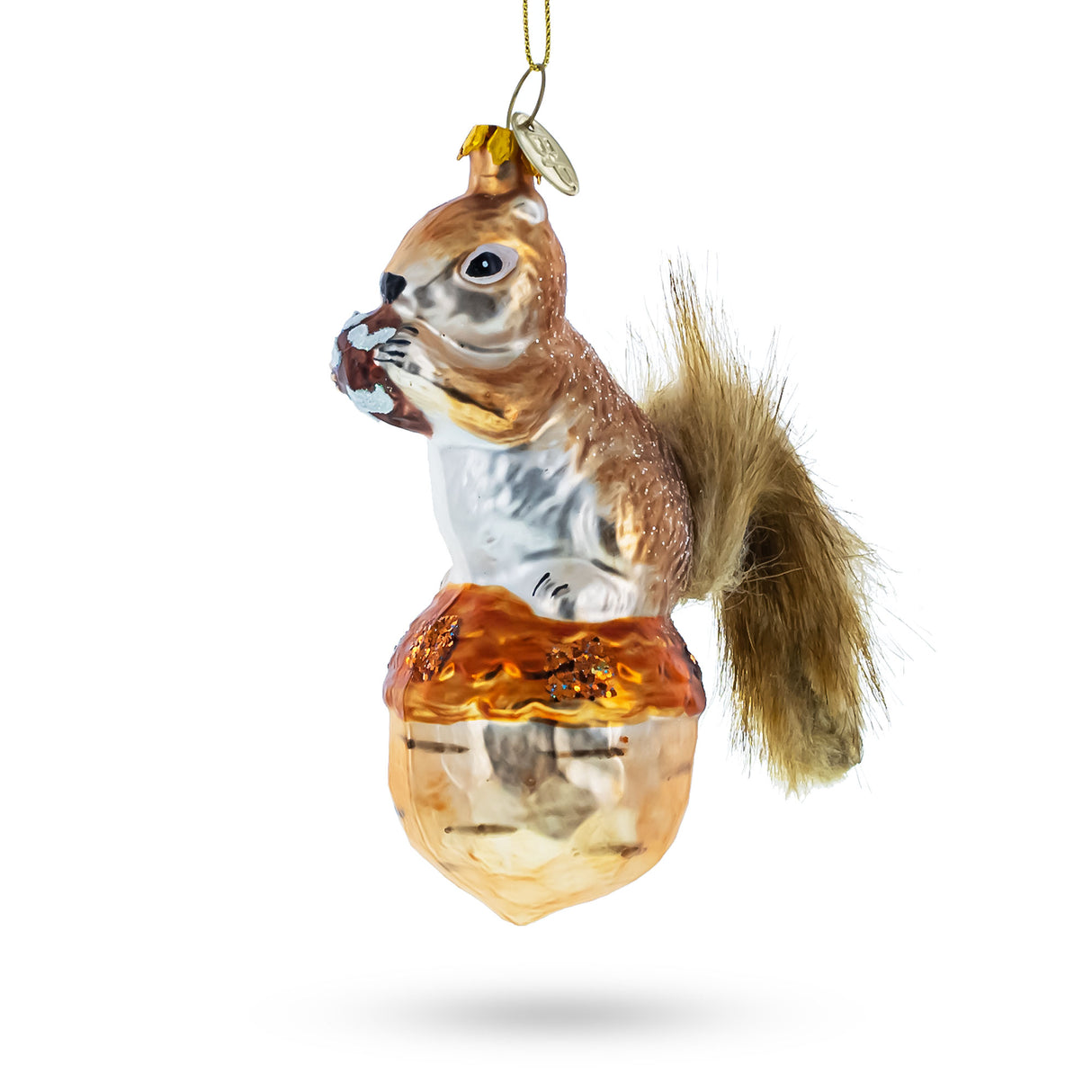 Playful Squirrel on Acorn - Blown Glass Christmas Ornament in Brown color,  shape