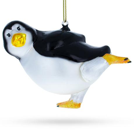 Joyful Penguin Dancing Blown Glass Christmas Ornament in Multi color