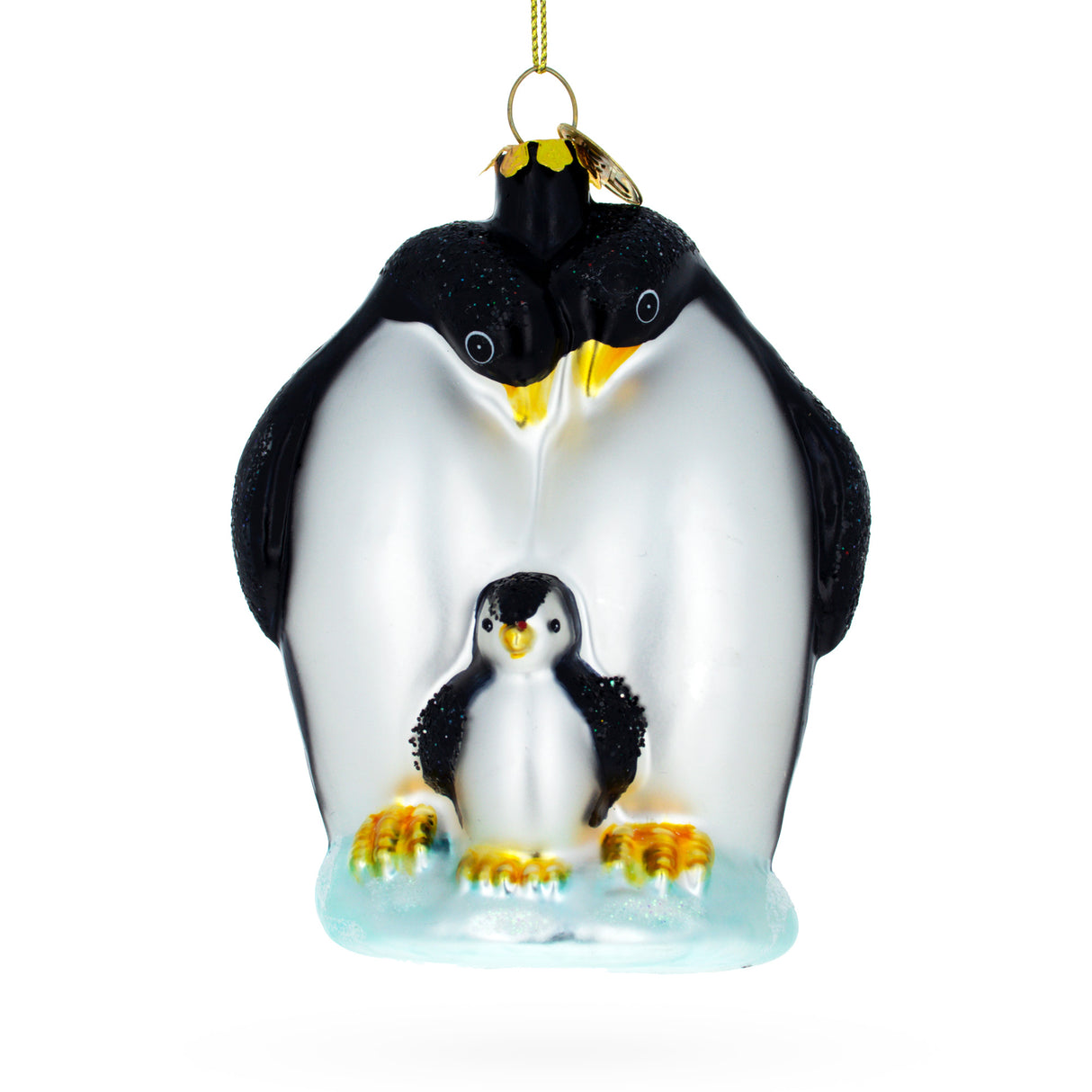 Tender Penguins with Baby Chick - Blown Glass Christmas Ornament in Multi color,  shape