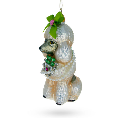Elegant Poodle with Green Bow - Blown Glass Christmas Ornament in Multi color,  shape
