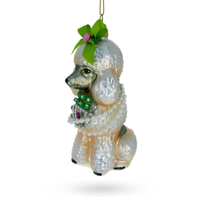 Glass Elegant Poodle with Green Bow - Blown Glass Christmas Ornament in Multi color