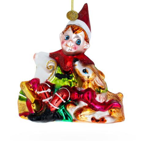 Elf and Deer Glass Christmas Ornament in Multi color