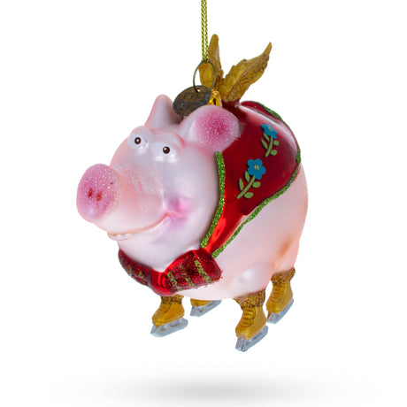 Dynamic Flying Pig Superhero - Blown Glass Christmas Ornament in Multi color,  shape