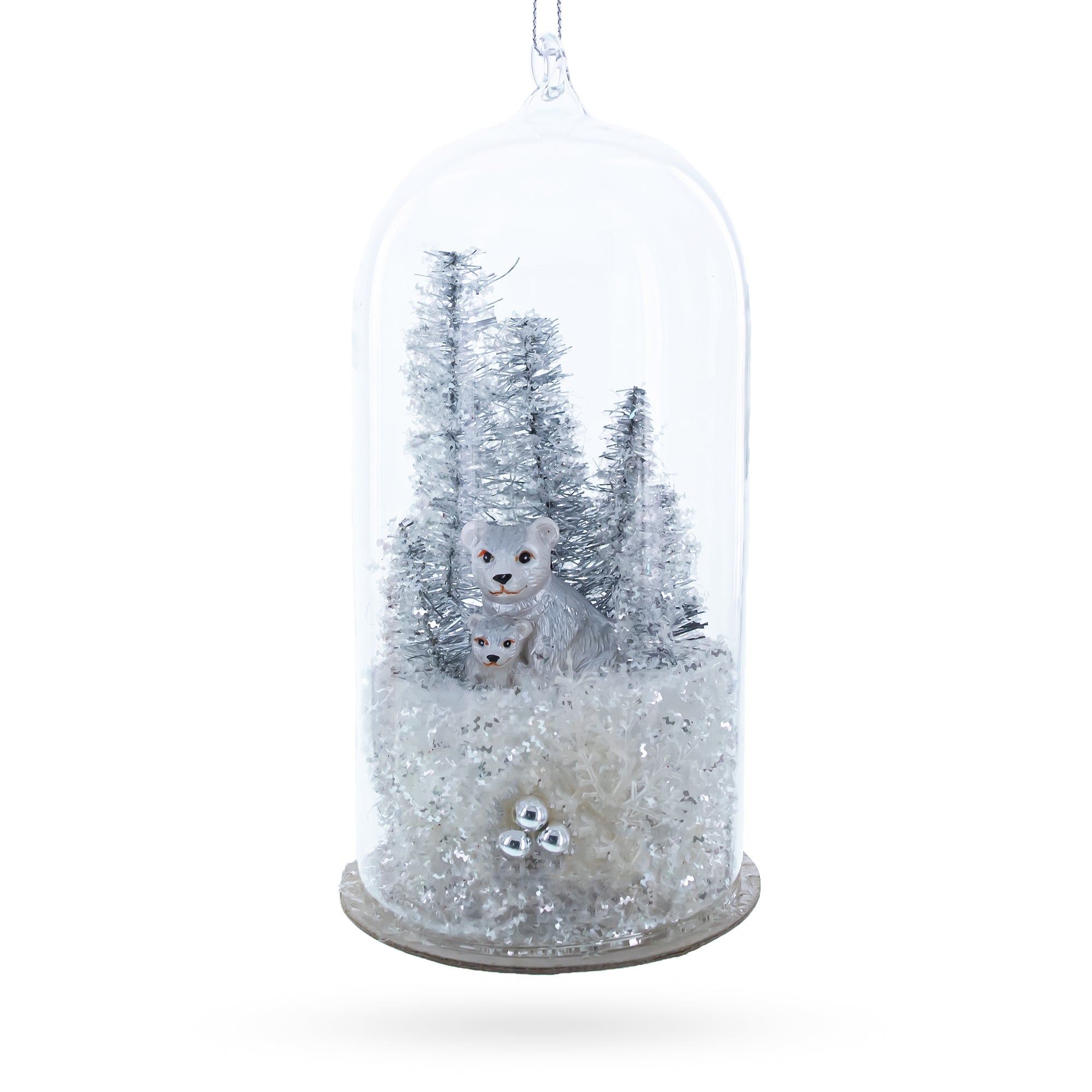 Bear Family in the Woods Glass Christmas Ornament in Silver color Figurine
