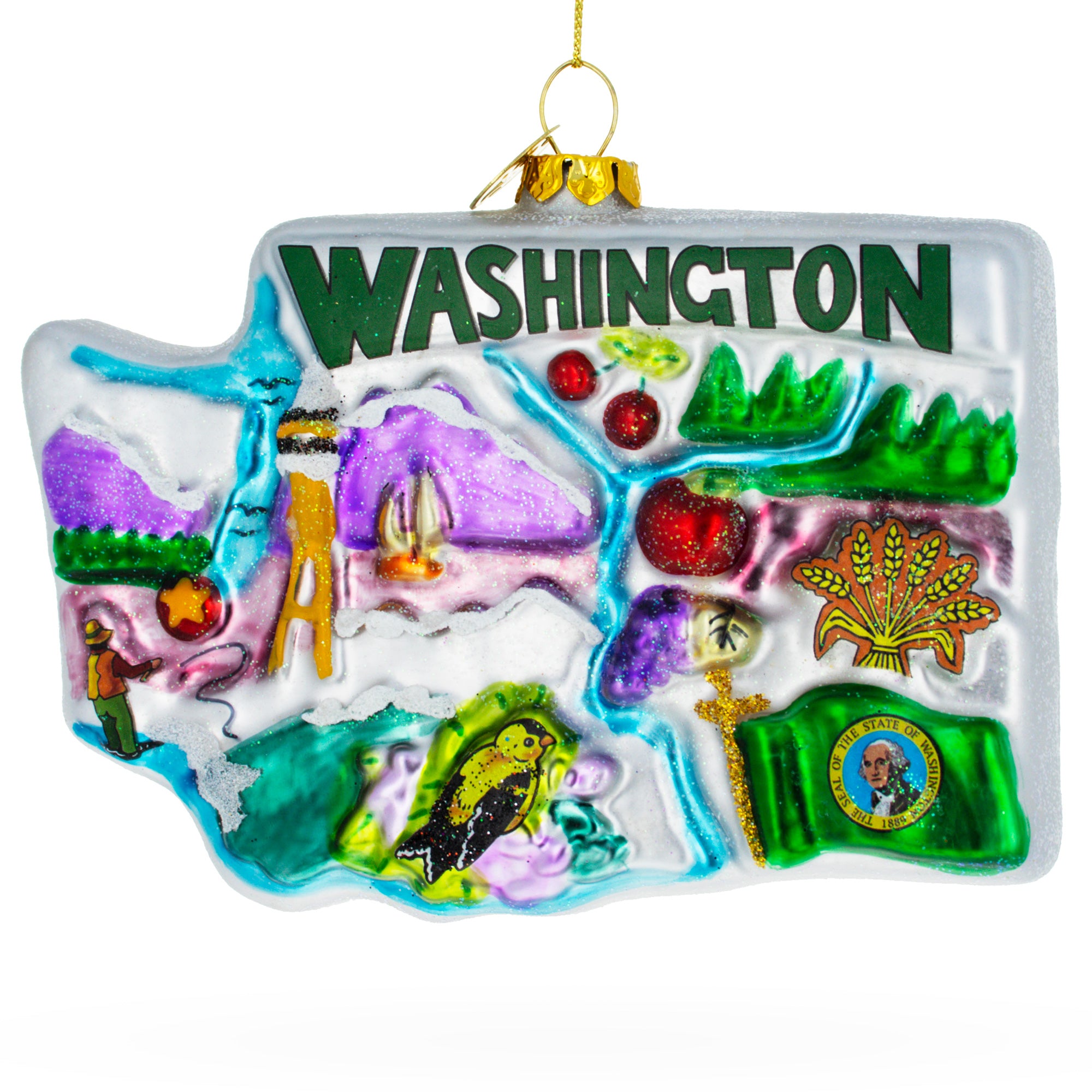State of Washington Symbols, USA Glass Christmas Ornament in Multi color Figurine