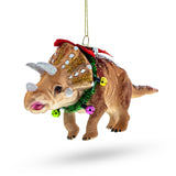Prehistoric Dinosaur in Wreath - Blown Glass Christmas Ornament in Brown color,  shape