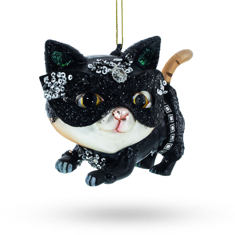 Mysterious Cat in Mask - Blown Glass Christmas Ornament in Black color,  shape
