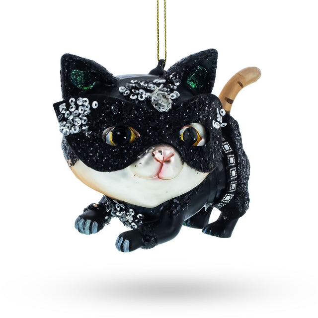 Mysterious Cat in Mask Blown Glass Christmas Ornament in Black color