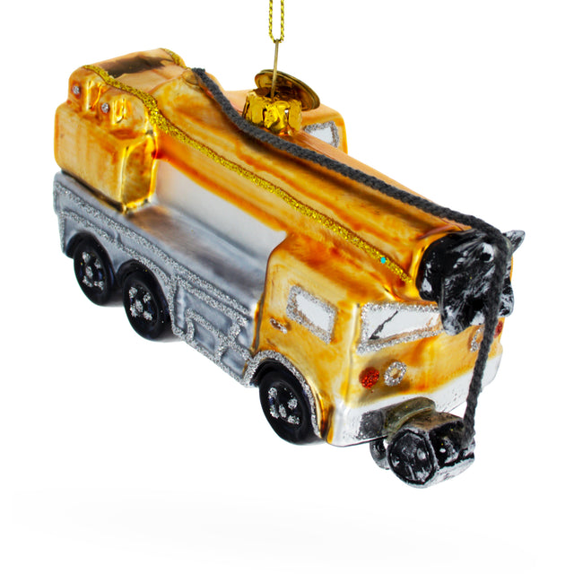 Vibrant Yellow Construction Crane - Blown Glass Christmas Ornament in Yellow color,  shape