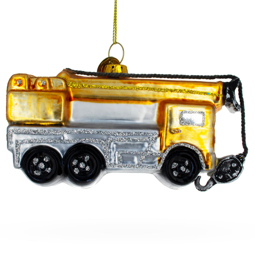 Construction Crane Glass Christmas Ornament in Yellow color