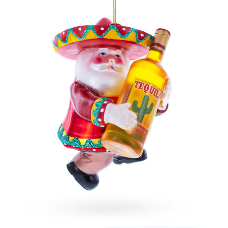 Santa Clutching Tequila Bottle Glass Christmas Ornament in Multi color