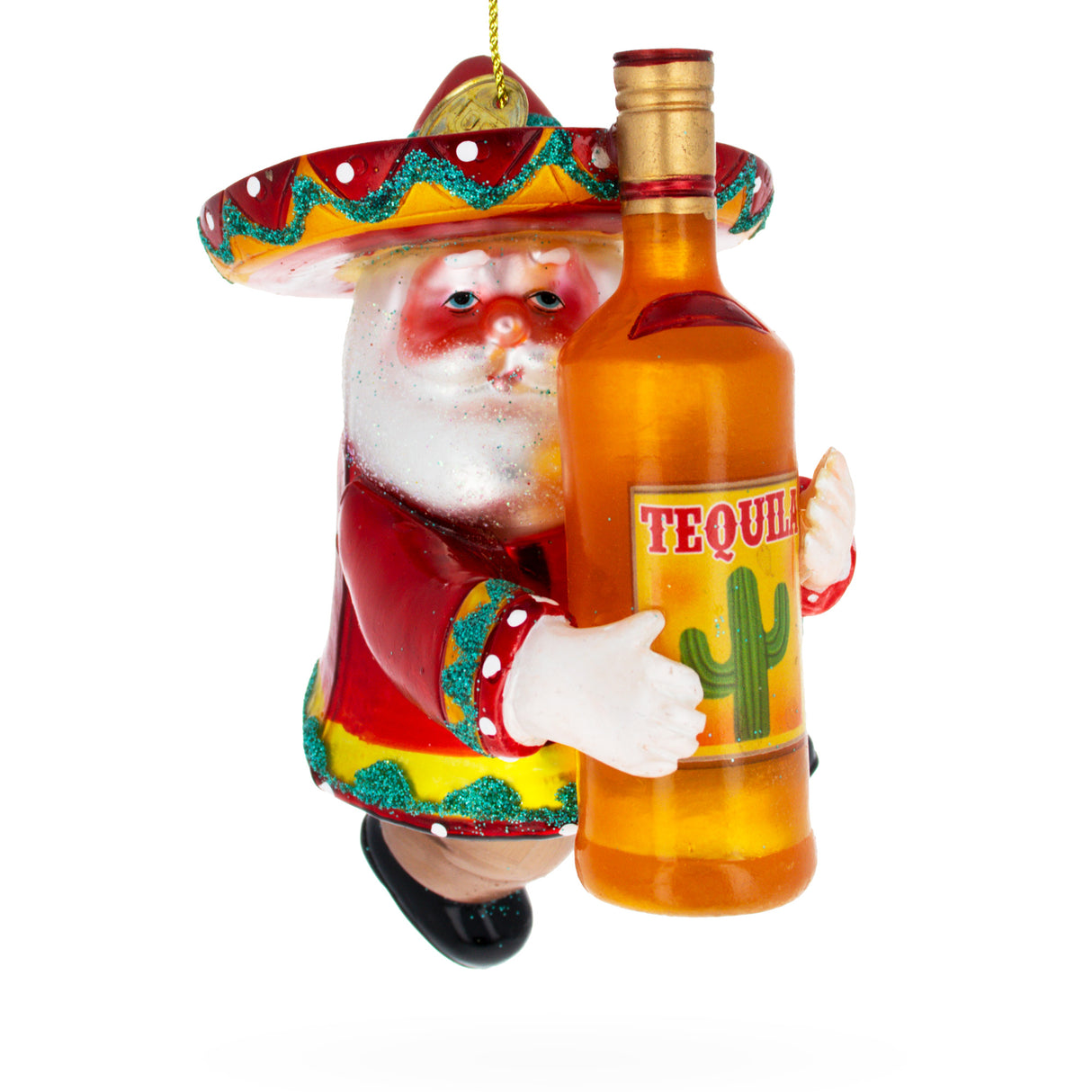 Santa Clutching Tequila Bottle - Blown Glass Christmas Ornament in Multi color,  shape