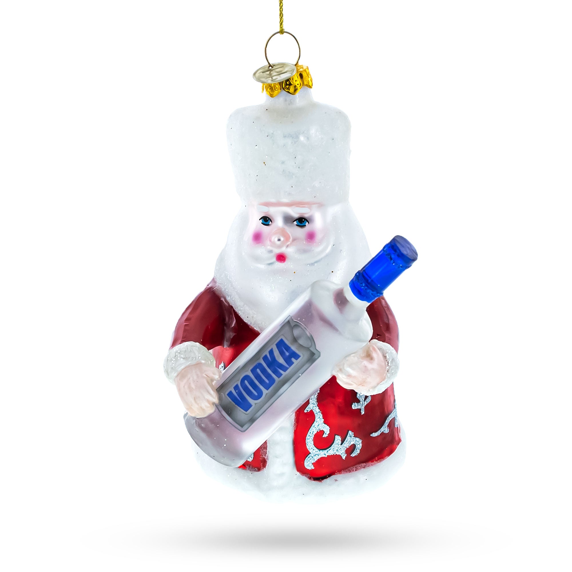 Jolly Santa with Vodka Bottle Glass Christmas Ornament in Multi color Figurine