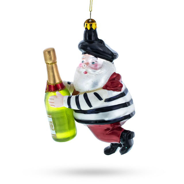 Elegant Epicure: French Santa with Champagne - Blown Glass Christmas Ornament in Multi color,  shape