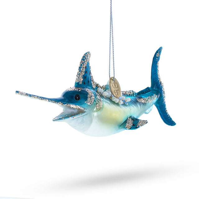 Glass Ocean Wanderer: Majestic Marlin Fish - Blown Glass Christmas Ornament in Blue color