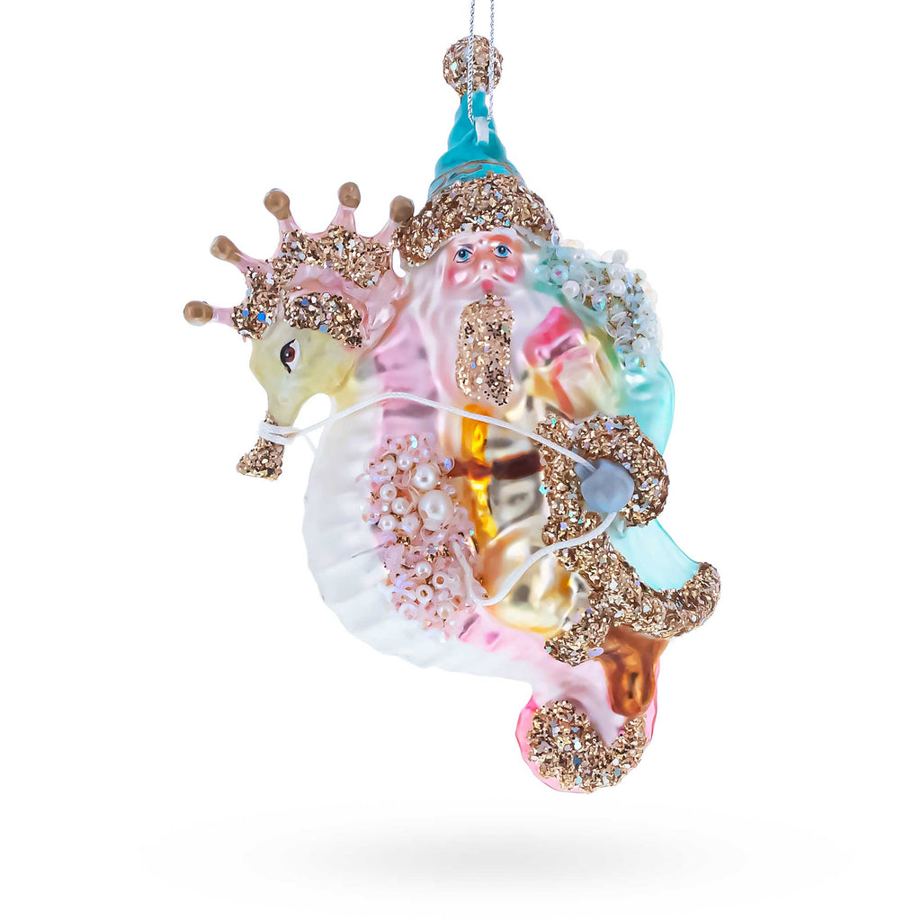 Santa Riding Seahorse Glass Christmas Ornament in Pink color Figurine