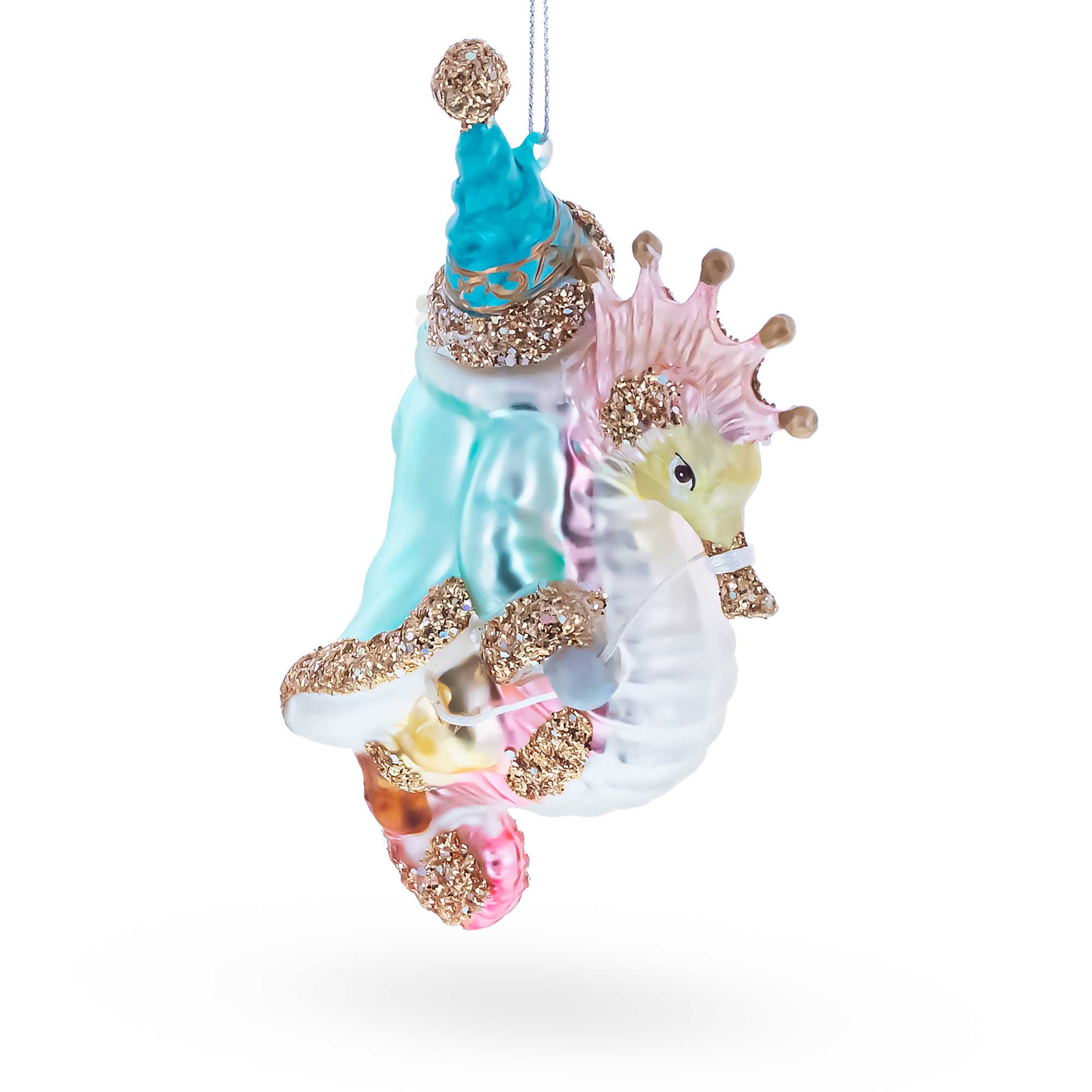 Santa Riding Seahorse Glass Christmas OrnamentChina , dimensions in inches: 5.4 x 3.1 x