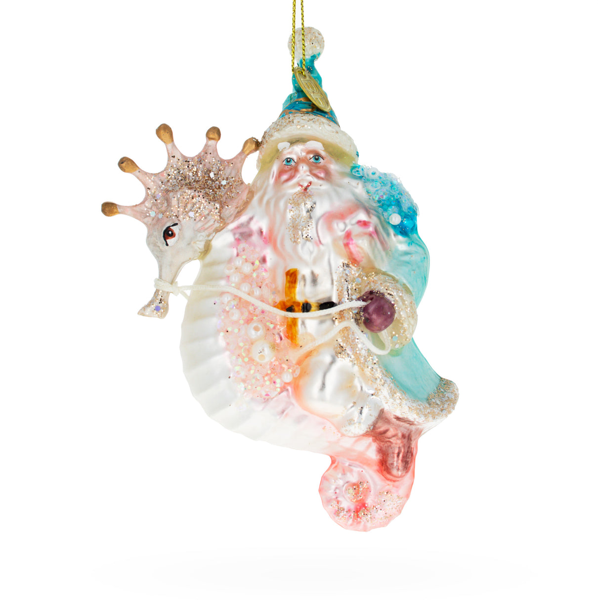 Seaside Fantasy: Nautical Santa Riding Seahorse - Blown Glass Christmas Ornament in Multi color,  shape