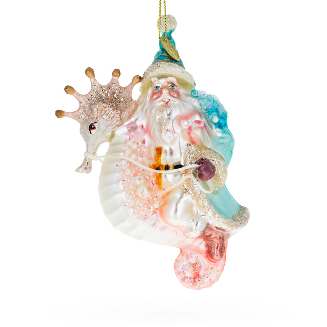 Glass Seaside Fantasy: Nautical Santa Riding Seahorse - Blown Glass Christmas Ornament in Multi color