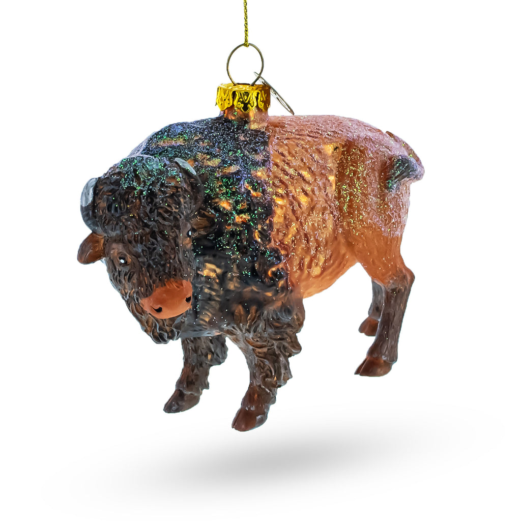 Glass Prairie Majesty: Majestic Walking Bison - Blown Glass Christmas Ornament in Brown color