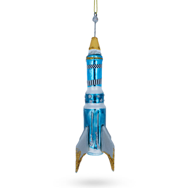 Cosmic Adventure: Blue Rocket - Blown Glass Christmas Ornament in Blue color,  shape