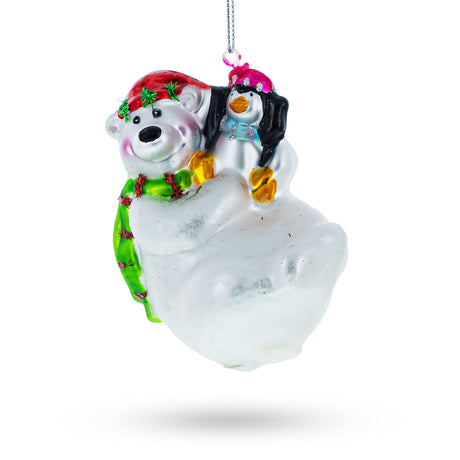 Polar Bear with Penguin Glass Christmas Ornament in Blue color