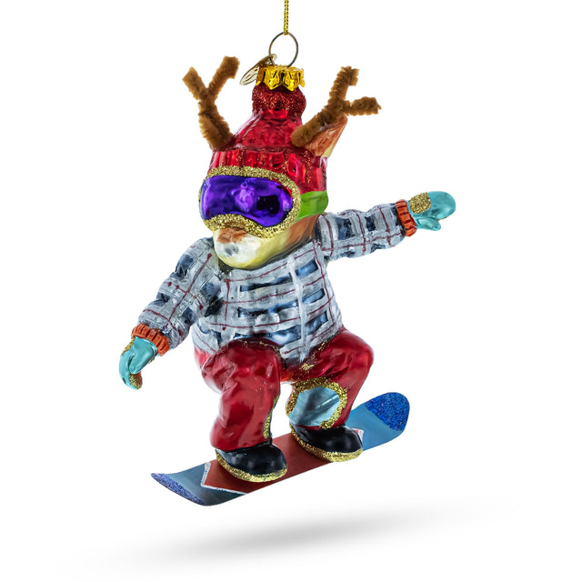 Adventurous Moose on Snowboard - Blown Glass Christmas Ornament in Multi color,  shape