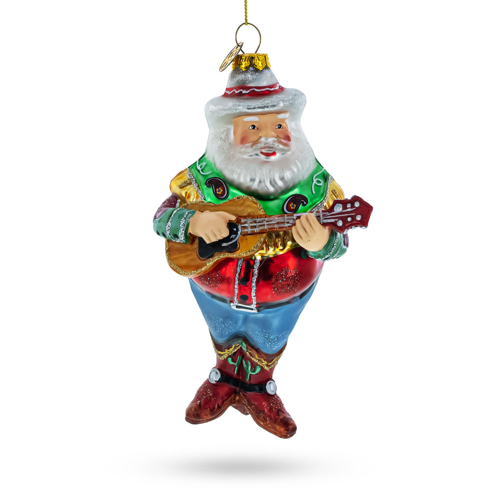 Western Santa with Guitar Glass Christmas Ornament in Multi color Figurine